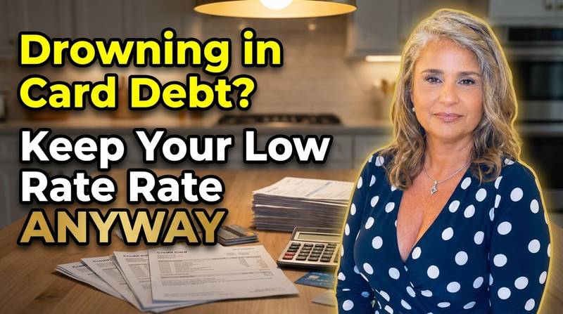 Homeowner comparing high credit card interest against a low mortgage rate while considering a HELOC to consolidate debt